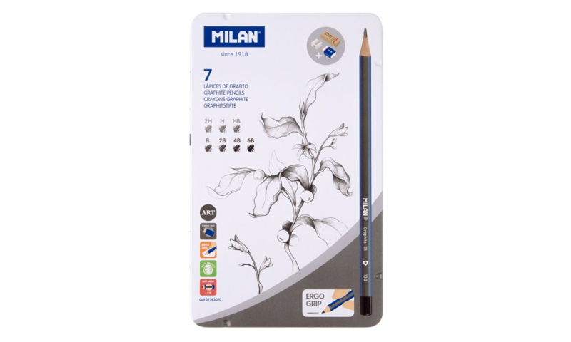 Milan Metal Box set of 7 Graphite Pencils, 2 Erasers & Sharpener.
