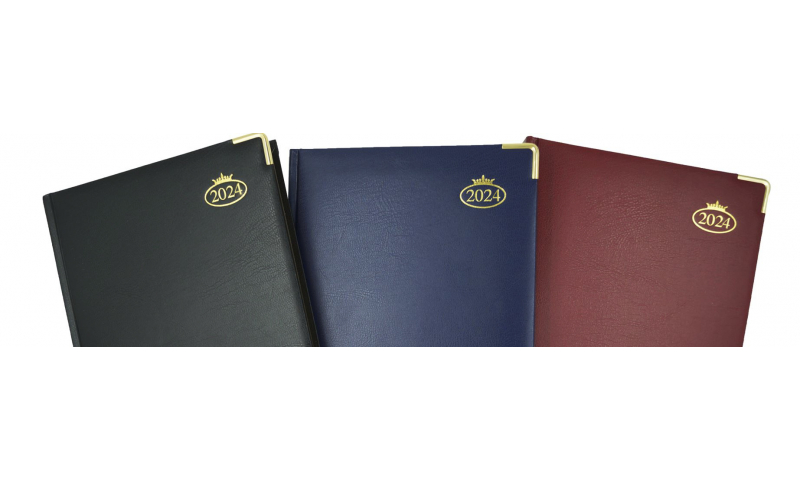 A4 Supreme Padded Cover, 2025 Daily Sewn Desk Diary, Gilt Corners, 70gsm Paper, Gilt Edges, 3 Asstd Colours.