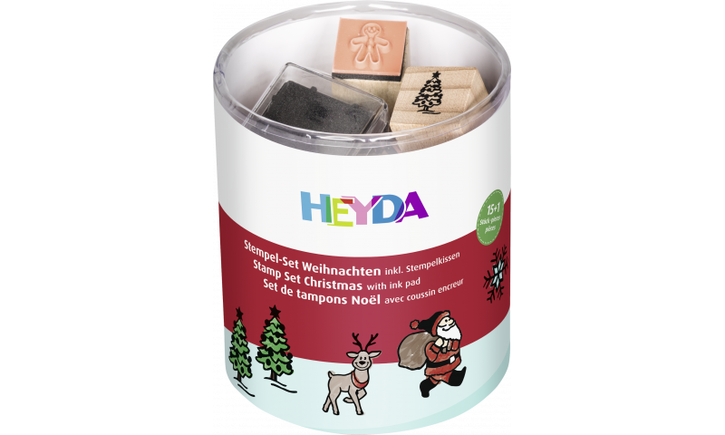 Heyda XMAS Wooden Stamps set, with Black stamp pad, Tub of 15