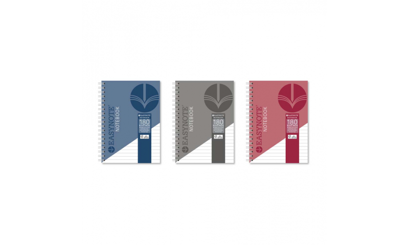 Easynote A5 Spiral Ruled Notebook, 180pp, 3 Classic colours.