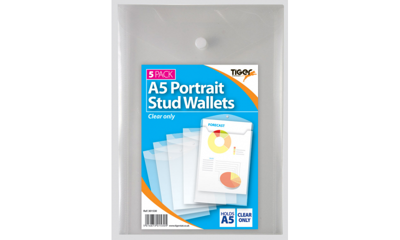 Tiger A5 Portrait P/P Stud Wallet, Clear, Pack of 5