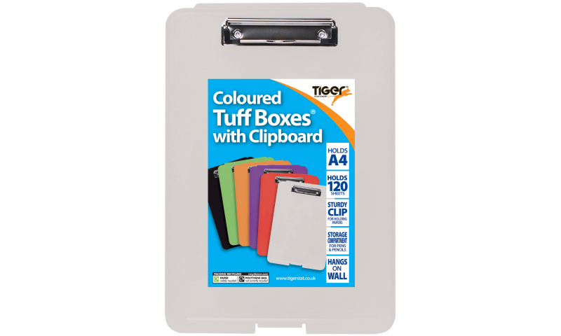 Tiger P/P Assorted Colour Slim Tuff Box with Clipboard.