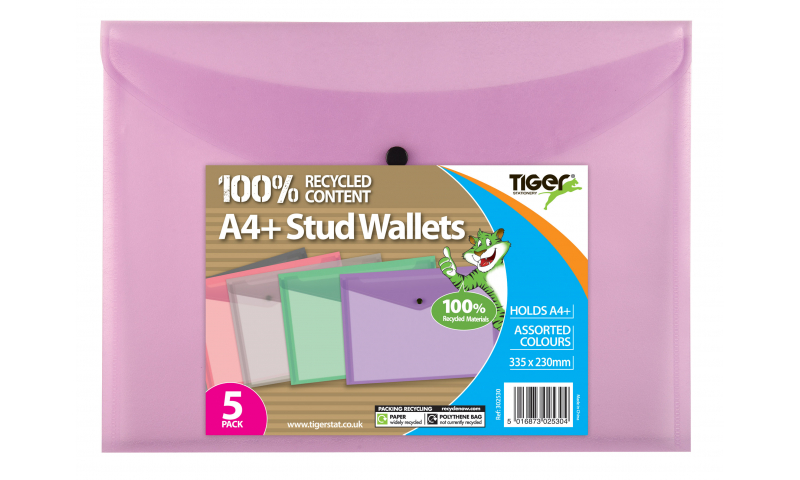 Tiger A4+ Recycled Stud Wallets, 5 assorted.