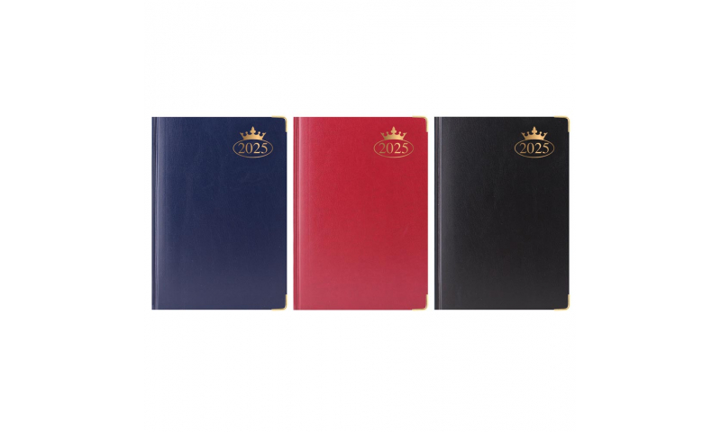 A5 Supreme Padded Cover, 2025 Daily Sewn Diary, Gilt Corners, 70gsm Paper, Gilt Edges, 3 Asstd Colours. DELIVERY SEPTEMBER.