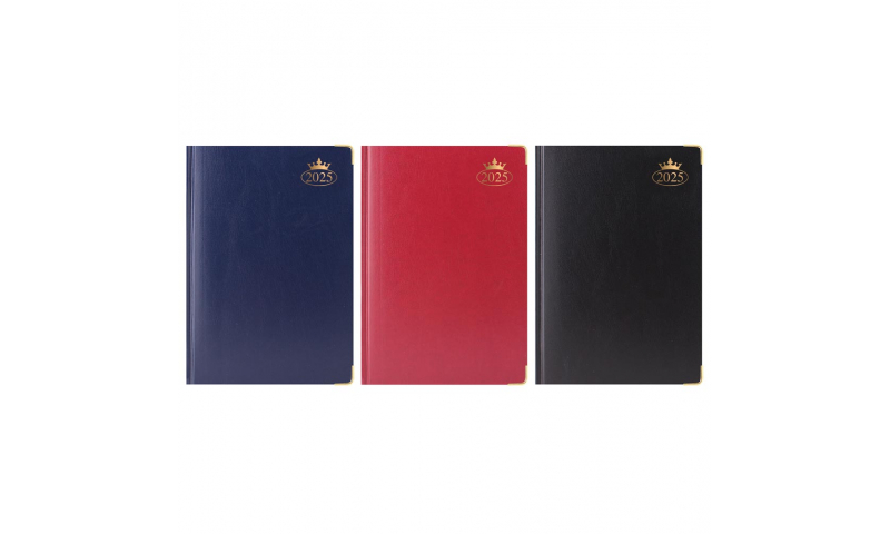 A4 Supreme Padded Cover, 2025 Daily Sewn Desk Diary, Gilt Corners, 70gsm Paper, Gilt Edges, 3 Asstd Colours. DELIVERY SEPTEMBER