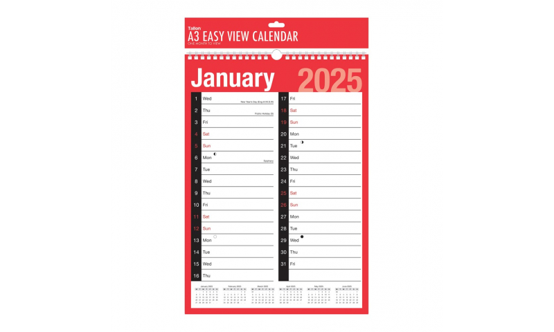 Easy View A3 Month to View Memo Wall Calendar 2025