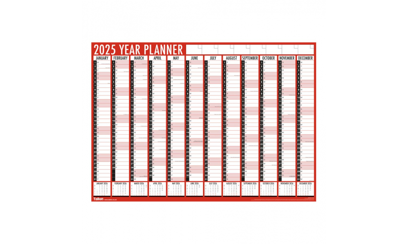 2025 A2 Red & Black Full Year Wallplanner Folded. DELIVERY AUGUST.