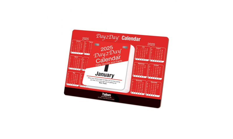 2025 Calendar Red & Black DTV Tear-off Date  Desktop with quotes. DELIVERY AUGUST.