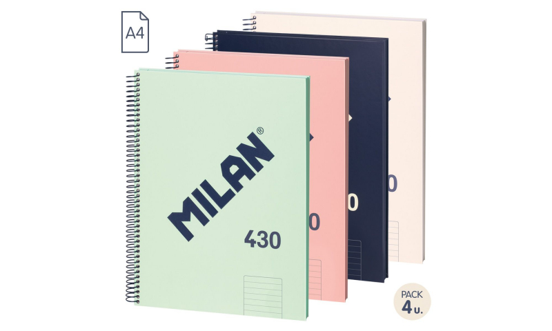 Milan A4 Hardback Spiral Notebook, 1918 Series, Quality 95gsm Paper, Pack of 4 assorted.