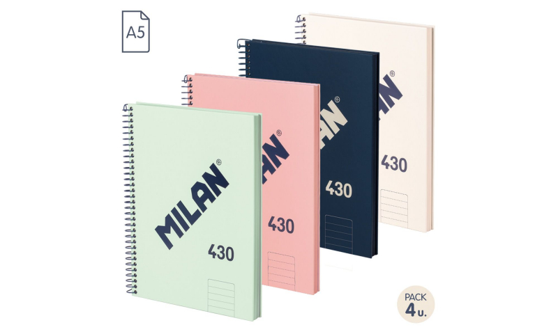 Milan A5 Hardback Spiral Notebook, 1918 Series, Quality 95gsm Paper, Pack of 4 assorted.