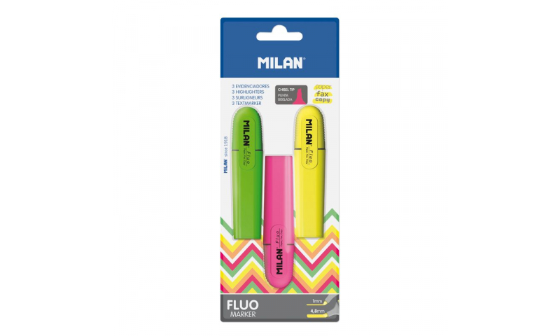 Milan Flat Highlighter 3pk Yellow, Pink & Green, Hangcarded