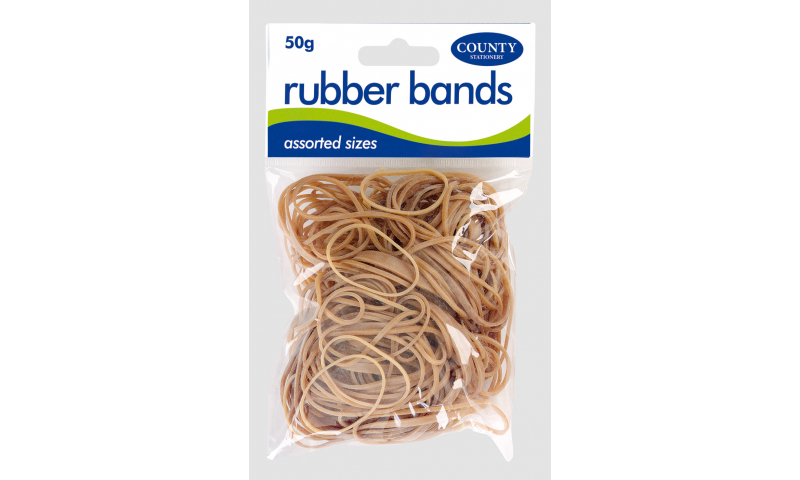 County Stationery 50g Bag Natural Rubber Bands Asstd