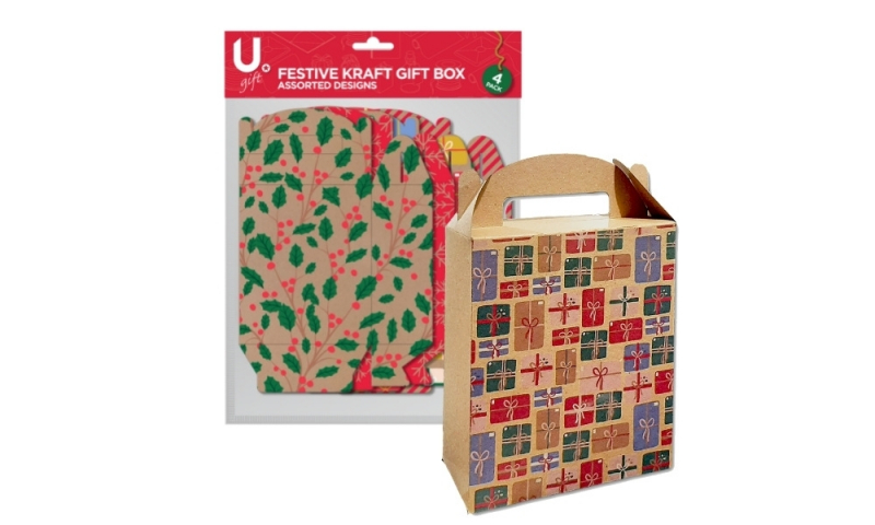 U. Festive Kraft Gift Box, XMAS, Pack of 4