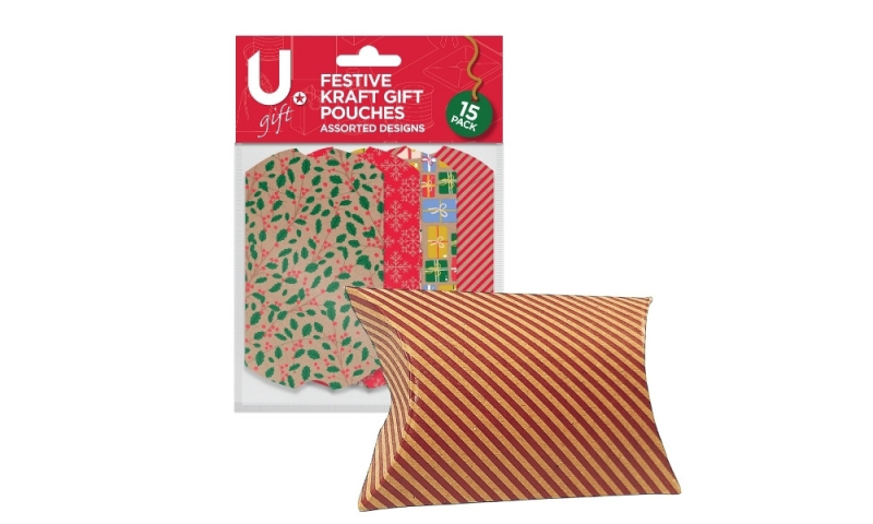 U. Festive Kraft Gift Pouches, XMAS, Pack of 15