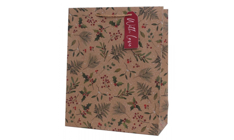 Just to Say Gift Bag, Xmas Holly Kraft, Large, with tag.