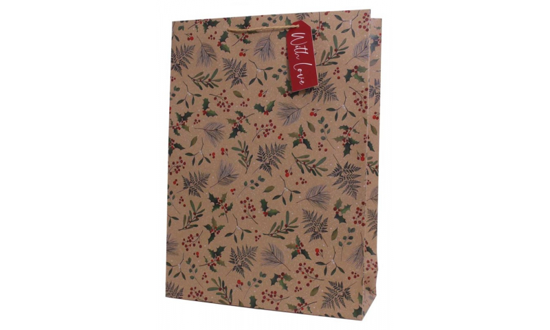 Just to Say Gift Bag, Xmas Holly Kraft, X-Large with tag